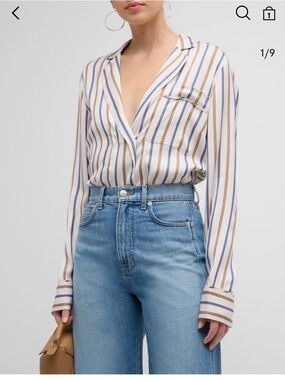 Veronica Beard Lusanne Button-Down Shirt with Blue and Tan Stripes